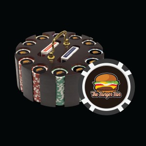 300 Carousel Wood Luxury Custom Poker Chip Set - 8 Stripe Chips